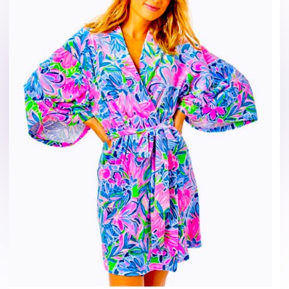 Lilly Pulitzer Elaine Velour Robe Sz L XL Tiger Sunrise Gecko Green Floral
